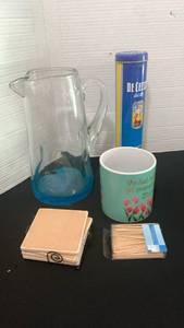 lot 1115 image: Kitchen Items Bundle with Grandma Mug Glass Pitcher Toothpicks and Pasta tin