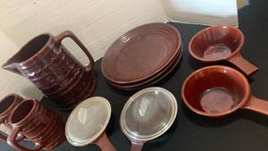 lot 1122 image: Brown Glazed Ceramic Dinnerware Set with Pitcher and Handled Bowls
