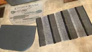 lot 1125 image: Kitchen Rule Striped Runner Rug with Matching Memory Foam Mat Set 34X20 and smaller