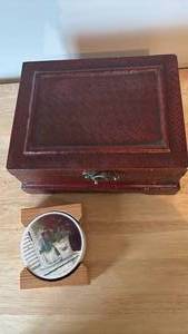 lot 1208 image: Decorative Wooden Jewelry Box with Ceramic Coaster Set