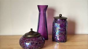 lot 1216 image: Purple Glass Vase and Mosaic Tile Storage Containers tallest vase is 12 inches ��