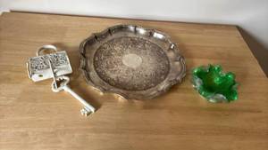 lot 1224 image: Silver Tray, Candle Holder, Green Glass Bowl