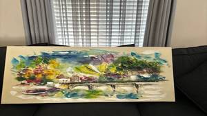 lot 1236 image: Landscape Painting with Bridge Scene. 59 x 20