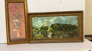 lot 1238 image: Two Framed Paintings - Floral Still Life and Pastoral Landscape