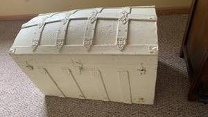 lot 2001 image: Off White Painted Wooden Storage Trunk with Floral Interior 20X34X19 located in basement