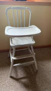 lot 2006 image: White Wood High Chair with Spindle Back 39X18X16 located in basement