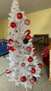 lot 2014 image: White Artificial Christmas Tree with Red and Green Ornaments 6ft in bag located in basement