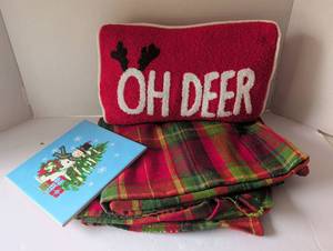 lot 3016 image: Christmas Decorations with Oh Deer Pillow and Plaid tablecloth