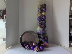 lot 3024 image: Purple and Gold Christmas Ornament Set with metal basket