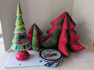 lot 3026 image: Handmade Christmas Fabric Trees and Holiday Tin