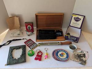 lot 3053 image: Mixed Collectibles Lot with Tobacco Tins, Cigar Box, Keychains and Memorabilia