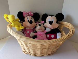lot 3120 image: Disney Character Plush Toy Bundle with Wicker Basket