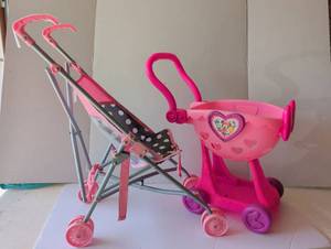 lot 3136 image: Pink Doll Stroller and High Chair Set