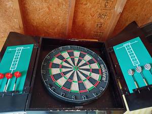 lot 3215 image: Dart Board with Darts inside Wooden Case.  Case needs repair
