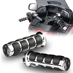 lot 2642 image: DREAMIZER Motorcycle Hand Grips Universal Non-Slip Handgrips Handlebar Grips Chrome Black Aluminum Rubber(125mm Diameter Bars) - Retail $30
