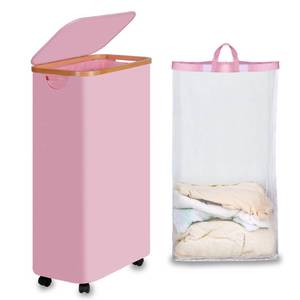 lot 2654 image: efluky Slim Laundry Basket with Wheels, Narrow Rolling Laundry Hamper with Lid and Removable Bag, Tall Aesthetic Dirty Clothes Hamper on Wheels for Laundry Room, Bedroom, Dorm and Bathroom, 75L Pink - Retail $30