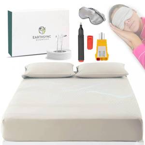 lot 2660 image: Earthsync Essentials Bare Earth Grounding Sheets Queen Size  Woven 10% Silver Fiber, Soft 400TC Cotton Earthing Sheets  15ft Cord, Outlet Tester, Conductivity Pen & Silk Eye Mask (White) - Retail $119