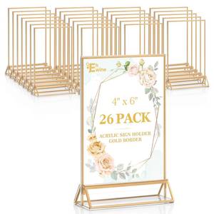 lot 2664 image: EHWINE 26 Pack 4x6 Clear Acrylic Sign Holder with Gold Borders and Vertical Stand, Double Sided Table Menu Holders Picture Frames for Wedding Table Numbers, Restaurant Signs, Photos and Art Display - Retail $54