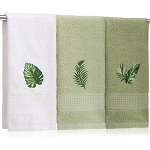 lot 2670 image: SmoothNovelty 3 Pcs Tropical Palm Leaves Hand Towels for Bathroom Decor Summer Monstera Leaves Embroidered Absorbent Soft Cotton Towels 13.78 x 29.53 Inch Farmhouse Green Decorative for Kitchen Home - Retail $19
