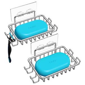 lot 2676 image: Nieifi Soap Dish,Bar Soap Holder for Shower Wall with 4 Hooks Stainless Steel Adhesive Soap Dish for Bathroom Shower Razor Holder (Silver) - Retail $15
