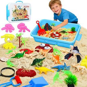 lot 2697 image: Pakimio Dinosaur Sensory Bin with Lid, 2.64lbs Magic Sand, Dino Figures, Skeletons & Archaeology Tools, Sensory Sand Kit Dinosaur Toys for Kids 3 4 5 6 7 Year Old Boy Toddler Birthday Gift Christmas - Retail $28
