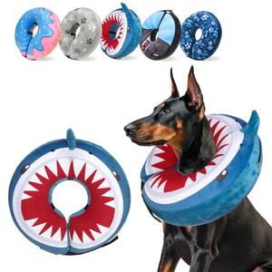 lot 2701 image: SCENEREAL Dog Cone Alternative After Surgery Pet Recovery Collar for Small Medium Large Dogs Cats, Adjustable Inflatable Donut to Prevent Licking, Shark Print E-Collars - Retail $24
