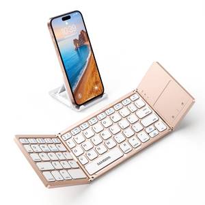 lot 2715 image: Samsers Foldable Bluetooth Keyboard with Touchpad - Portable Wireless Keyboard with Holder, Rechargeable Full Size Ultra Slim Pocket Folding Keyboards for Android Windows iOS Tablet & Laptop - Pink - Retail $33