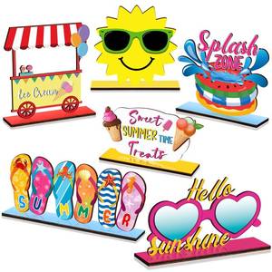 lot 2727 image: Barydat 6 Pcs Summer Wooden Table Decor Hello Summer Wood Signs Sunshine Table Centerpieces Beach Table Decor Farmhouse Tiered Tray for Home Kitchen - Retail $17