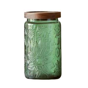 lot 2735 image: Vintage Glass Storage Jar with Solid Wood Lid - Sunflower Design Kitchen Canister for Coffee, Candy, Laundry Detergent - Cute Food Storage Jar (Green, 34 Ounces) - Retail $17