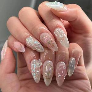 lot 2739 image: 3D Flower Press On Nails Almond Shape Medium Length Glossy Nude Pink Fake Nails with Pearls &amp Gold Details, Acrylic Reusable Stick On Nails for Women, Elegant Floral False Nails for Wedding Party - Retail $10