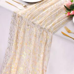 lot 2743 image: Snowkingdom 6Pcs 10 Ft Gold Table Runners, Sheer Chiffon Tulle Cheesecloth Golden Sequin Glitter Metallic Foil, Gold Party Table Decoration Centerpiece for Wedding Birthday Anniversary Christmas - Retail $26