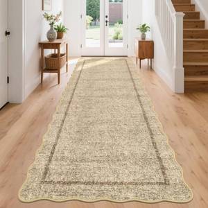 lot 2751 image: GarveeHome Scalloped Washable Runner Rug 2x8 Runner Modern Non Slip Kitchen Rugs Entryway Rug Farmhouse Soft Bathroom Rugs Stain Resistant Carpet for Hallway Laundry Bedroom 2 ft x8 ft Jute - Retail $43
