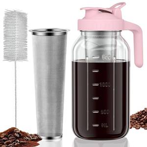 lot 2752 image: JunVpic Cold Brew Coffee Maker Jar - 64oz Thick Glass Multipurpose Mason Pitcher Spout Lid with Handle & Stainless Steel Filter for Iced Coffee, Lemonade, Ice Tea, Homemade Fruit Drinks Container - Retail $19