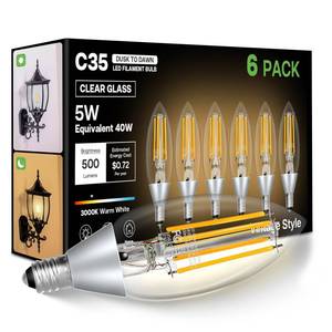 lot 2754 image: Eastiya Dusk to Dawn Light Bulbs Outdoor 5W Equivalent 40W, Candelabra B11 Light Bulb, 3000K Warm White, Edison LED Bulbs E12 Base, Lighting Sensor, Auto OnOff for Porch Patio Garage, 6 Pack - Retail $19