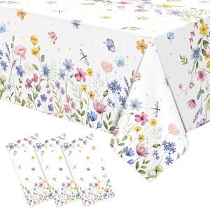 lot 2761 image: KEASKELL 3 Pcs Spring Floral Tablecloth Decorations, Disposable Wildflower Butterfly Table Cloths Floral Party Rectangle Table Covers for Easter Wedding Spring Party Supplies, 54x108 Inches - Retail $10