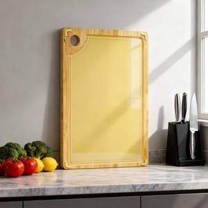 lot 2763 image: LANGBOHOS Non Toxic Cutting Board Double Sided Cutting Board Tempered Glass &amp Natural Bamboo Chopping Board with Juice Groove BPA Free Cutting Board (Large-17L x 12W) - Retail $26