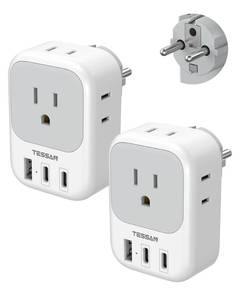 lot 2774 image: TESSAN 2 Pack Type E F Plug Adapter (2 USB-C), France Spain South Korea Power Adapter with 4 Outlets 3 USB, European Travel Adaptor for US to Germany Iceland Greece Portugal - Retail $32