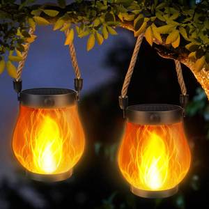 lot 2780 image: iBaycon 2 Pack Gen2 Solar Lanterns Lights, Ultra-Real Flame Garden Lights with Dual Charging USB & Solar, 2 Modes Outdoor Waterproof Hanging Lantern for Yard Home Brithday Gifts (Warm White) - Retail $21