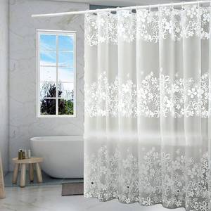 lot 2786 image: TIKABC Shower Curtain Liner, 4G PEVA Shower Liner, Plastic Waterproof Shower Curtains, with Grommet Holes and 3 Magnetic Weights(White Flower) - Retail $6