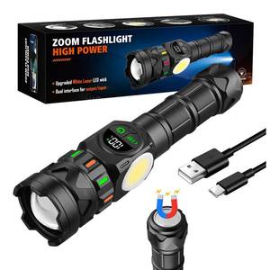 lot 2790 image: Rechargeable Flashlights High Lumens 5000 Long Distance, Super Bright LED Flash Lights with COB Sidelight USB C LCD Display, Dual Light Source & Buttons with Red Light, for Camping Hiking Emergency - Retail $25