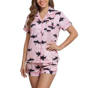 lot 2797 image: PUNINGXS Casual Womens Pajamas with Printed Short Sleeved Button Down Top and Shorts Pjs Loungewear Set (US, Alpha, Medium, Regular, Regular, 1, Pink) - Retail $17