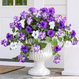 lot 2799 image: HyeFlora Artificial Flowers for Outdoors 2PCS Faux Petunias Silk Fake Flowers for Outside Planter UV Resistant Realistic Home Garden Porch Decor (Purple) - Retail $24