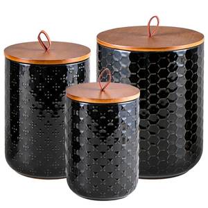lot 2807 image: JOJUNO Black Ceramic Canister Set with Wooden Lids 3-Piece Airtight Food Storage Jars for Kitchen, Embossed Design, SmallMediumLarge Sizes (304882 oz) Flour, Sugar, Coffee, Tea Containers - Retail $40