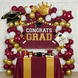 lot 2834 image: Maroon White Gold Balloon Garland Arch Kit with backdrop Stars Graduation Cap crown GRAD Letters Mylar Balloons for 2026 graduate Prom Decorations - Retail $18