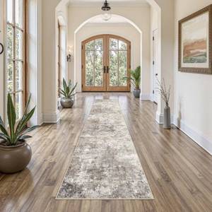 lot 2854 image: UERMEI 2x10 Washable Runner Rug for Hallway, Non Slip Low Pile Kitchen Carpet, Neutral Modern Abstract Indoor Floor Mat for Entryway Laundry, Kid & Pet Safe High Traffic Area, Brown Grey - Retail $38