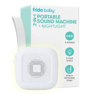 lot 2863 image: Frida Baby 2-in-1 Portable Sound Machine for Baby  Nightlight  White Noise Sound Machine for Baby with 5 Soothing Sounds & 3 Nightlight Modes  Travel Sound Machine Attaches to Strollers, Car Seats - Retail $20