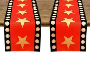 lot 2864 image: 2 Pcs Movie Night Table Runner 13x72 Inch, Hollywood Theme Party Decorations, Durable Reusable Table Decor for Birthday, VIP Party & Movie Theater Events - Retail $14