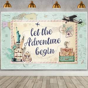 lot 2872 image: Let The Adventure Begin Backdrop Adventure Awaits Party Decorations Backdrop Global Travel Airplane Birthday Travel Themed Party Decorations Bridal Shower Photography Background 5x6.5 ft - Retail $20