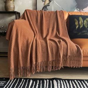 lot 2889 image: LOMAO Knitted Throw Blanket with Tassels Bubble Textured Lightweight Throws for Couch Cover Home Decor (Caramel, 60x80) - Retail $38