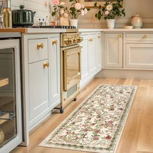 lot 2896 image: jinchan Eden Floral Washable Runner Rug 2x5 Vintage Hallway Rug Non-Slip Lightweight Soft Thin Kitchen Low Pile Distressed Red Green Carpet for Bathroom Laundry Room Bedroom Entryway - Retail $30